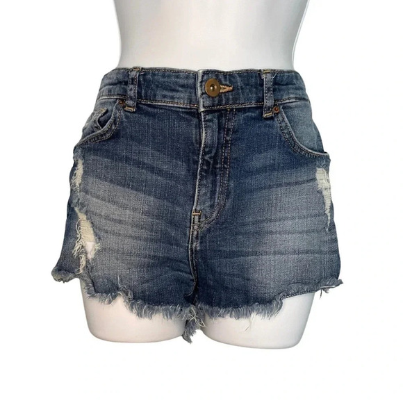 H&M Women's Size 8 Denim Dark Wash Distressed Frayed Jeans Shorts - Picture 1 of 6